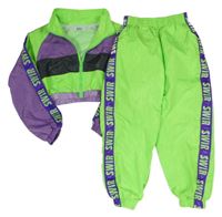 2set - Neonově zeleno-fialová šusťáková crop bunda s nápisy + kalhoty 