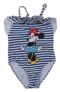 Tmavomodro-bílé pruhované jednodílné plavky s Minnie a volánkem 