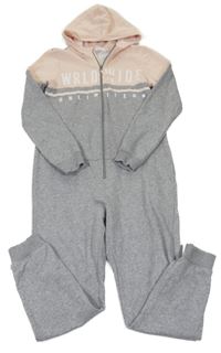 Šedo-světlerůžová tepláková kombinéza s nápisem a kapucí H&M