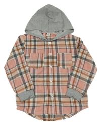 Růžovo-šedá kostkovaná košile s kapucí Shein
