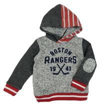 Šedo-tmavošedo-červená pletená mikina s nápisem a kapucí Mayoral