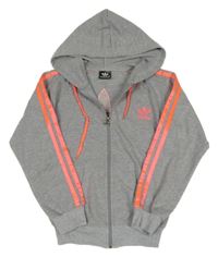 Šedo-neonově růžová propínací mikina s logem a pruhy a kapucí Adidas