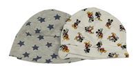 2x bavlněná čepice - šedá melírovaná s hvězdami + bílá s Mickeym