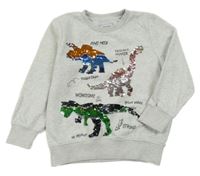 Světlešedá melírovaná mikina s dinosaury z překlápěcích flitrů C&A