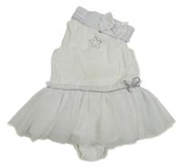2set - Bílé madeirovo/tylové šaty s kamínky a všitým body + čelenka s mašlí se srdcem Fagottino