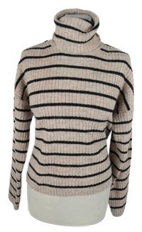 Dámský světlerůžovo-černý pruhovaný žebrovaný svetrový vlněný rolák H&M