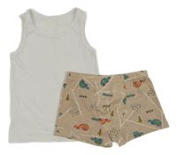 2set - Bílý nátělník + béžové boxerky s auty
