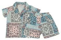 2set - Světlemodro-bílo-růžová vzorovaná košile + kraťasy 