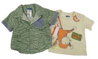 Nové - 2set - Béžové tričko s opičkou + světlekhaki košile s nápisy Miniville 
