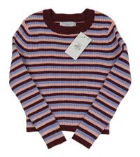 Nové - Fialovo-vínovo-světlerůžový pruhovaný žinylkový crop svetr Primark