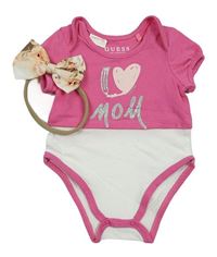 2set - Růžovo-bílé body s nápisem se srdcem + meruňková květovaná čelenka s mašlí Guess