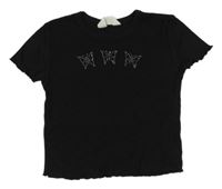 Černé žebrované crop tričko s motýly H&M