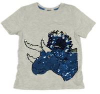 Světlešedé melírované tričko s dinosaurem z překlápěcích flitrů H&M