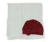 2 set - bílá mušelínová plena + vínová turbanová čepice s mašlí 