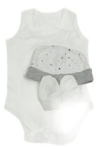 3set - Bílé body + šedobílá čepice s hvězdami + bílé rukavičky zn.MS