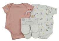 4set - růžové + bílé body s ptáčky + 2x rukavice - nové