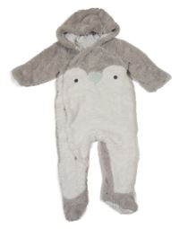 Bílo-šedá chlupatá podšitá kombinéza s tučňákem a kapucí Mothercare