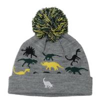 Šedá čepice s dinosaury a bambulí 
