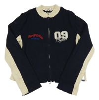 Tmavomodro-smetanový žebrovaný propínací crop svetr s nápisem M&S vel. 176