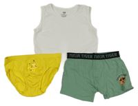 3set - žluté slipy s Pikachu + zelené boxerky + bílý nátělník