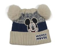 Béžovo-tmavomodrá pletená čepice s Mickeym a bambulemi