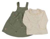 2 Set - Khaki manšestrové laclové šaty + smetanové triko s límečken 