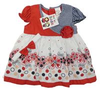 Nové - 2set - Bílo-modro-červené květované šaty s květy + bílo-červená čelenka s mašlí 