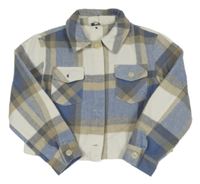 Smetanovo-modro-béžová kostkovaná vlněná crop košilová bunda Peacocks