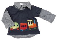 Tmavomodré tričko s auty a všitou košilí H&M