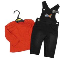 Nové - 2 set - červené triko + černé elastické laclové kalhoty s autem Dunnes Stores