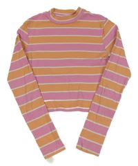 Růžovo-oranžové žebrované pruhované crop triko H&M