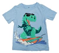 Světlemodré tričko s dinosaurem z flitrů H&M