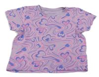 Světlefialovo-růžovo-cobaltově modré vzorované crop tričko se srdíčky PRIMARK