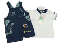 Nové - 2set - Tmavomodré plátěné laclové kraťasy s obrázky + bílé tričko