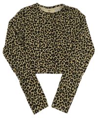Béžovo-černé žebrované crop triko s leopardím vzorem WE