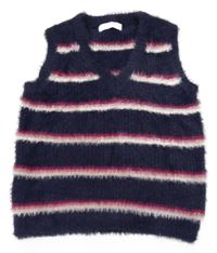 Tmavomodro-růžová pruhovaná chlupatá vesta Primark