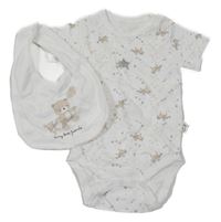 2Set - Bílé body s jednorožci Bebetto + bryndák s medvídky