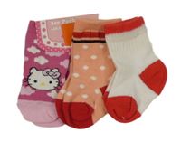3x ponožky - růžové s Hello Kitty + růžové puntíkaté + bílo-červené