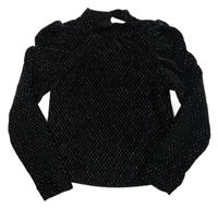 Černo-stříbrné sametové vzorované triko s nabíranými rukávy Hema