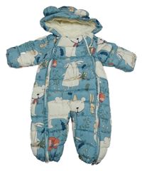 Modrá šusťáková prošívaná zimní kombinéza se zvířátky a kapucí 