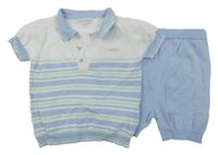 2set - Modro-bílo-zelené pruhované pletené polo tričko + modré kraťasy Blues Baby