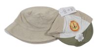 Nové - 2Set - Béžový froté klobouk s oušky + bílo/béžovo/khaki kšiltovka se lvíčkem George