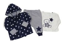3set - Tmavomodrá fleecová hvězdičková propínací mikina s kapucí + pruhované tepláky + bílé triko Rock a bye baby