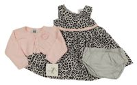 Nové - 3 set - šedo-černé leopardí šaty + světlerůžové propínací svetrové bolerko + kalhotky pod šaty Carter's