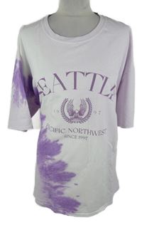Dámské bílo-fialové batikované tričko s nápisy 