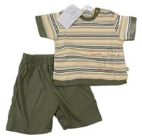 Nové - 2 set - khaki kraťasy + žluto-khaki pruhované tričko  