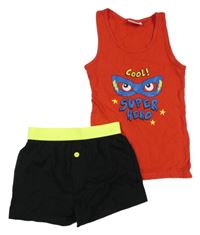 2set - Červené tílko s hrdinou a nápisem + černo-neonovožluté boxerky