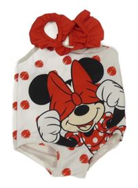 Bílo-červené puntíkaté jednodílné plavky s Minnie a volánky H&M