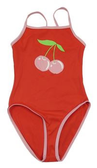 Červené jednodílné plavky s třešničkami a růžovými lemy 