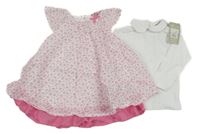 Nové - 2Set - Bílo-růžové šaty s růžemi a mašlí + bílé triko s límečkem grain de blé